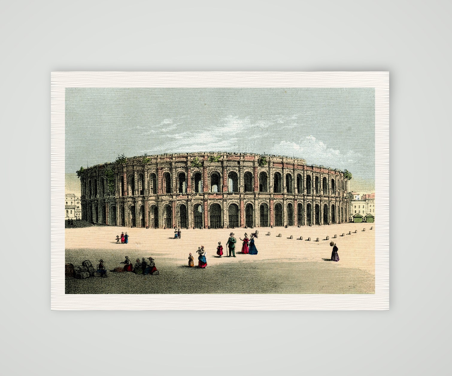 Nîmes, die römische Arena von außen – Lithografie, Kunstdruck auf Leinenpapier