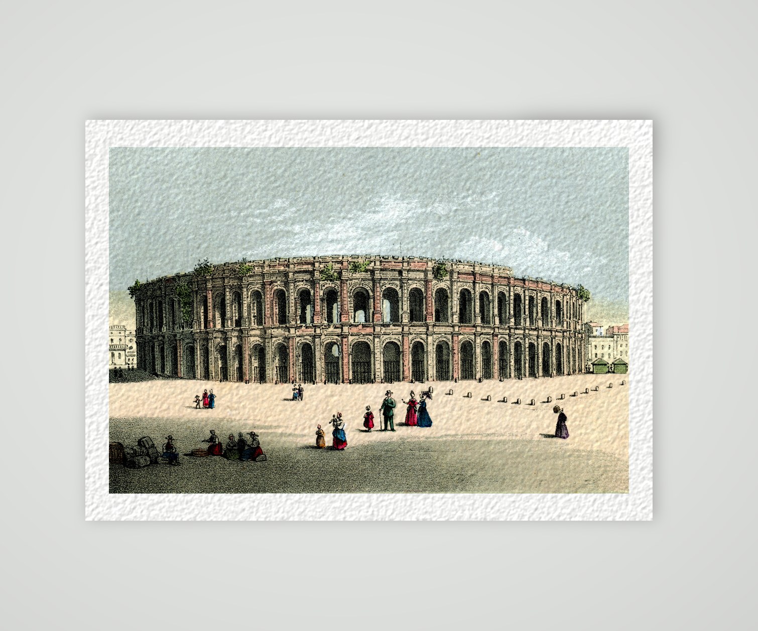 Nîmes, die römische Arena von außen – Lithografie, Kunstdruck auf Hahnemühle-Büttenpapier