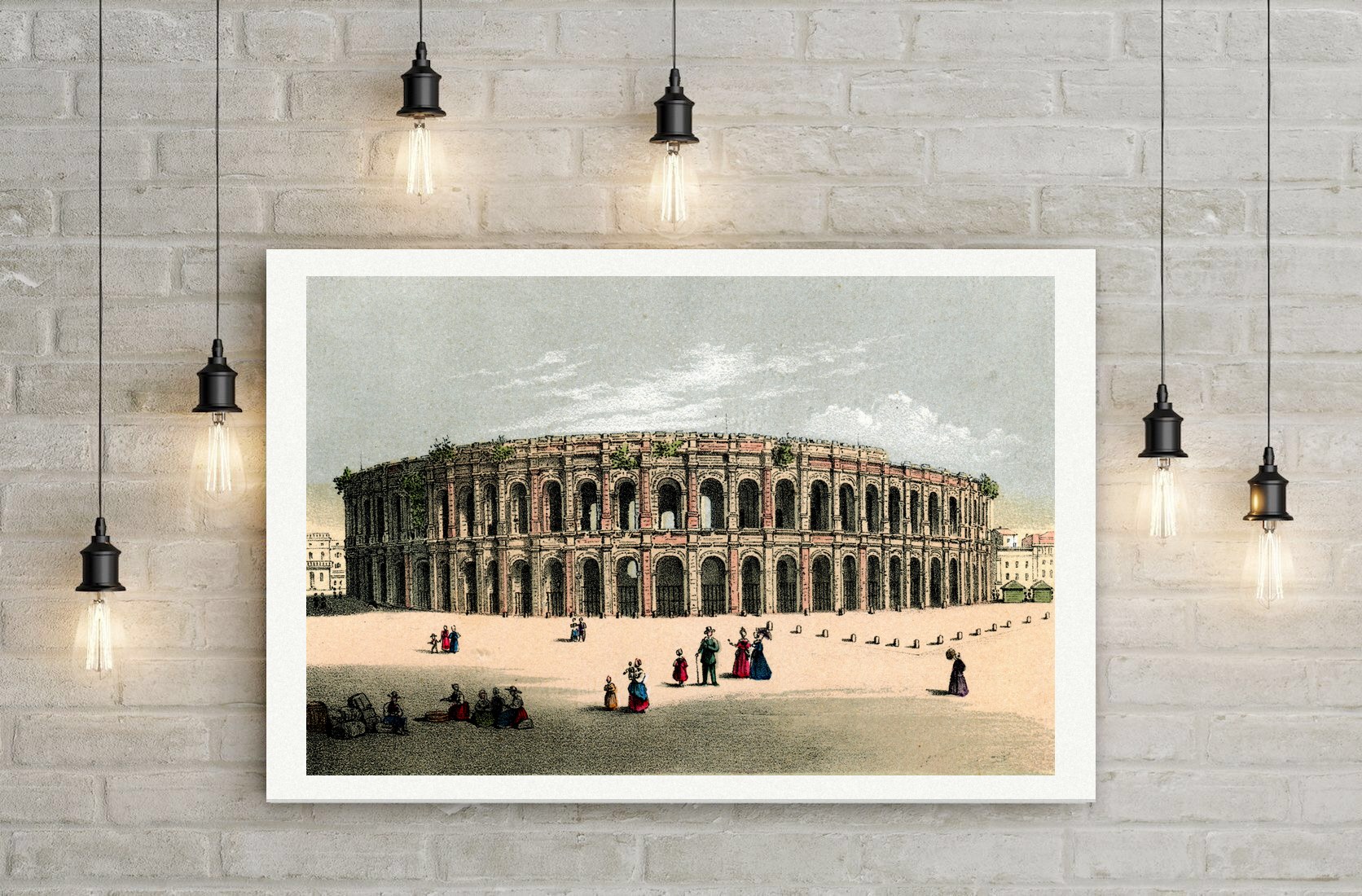 Nîmes, die römische Arena von außen – Lithografie, Leinwanddruck auf Holzkeilrahmen an der Wand