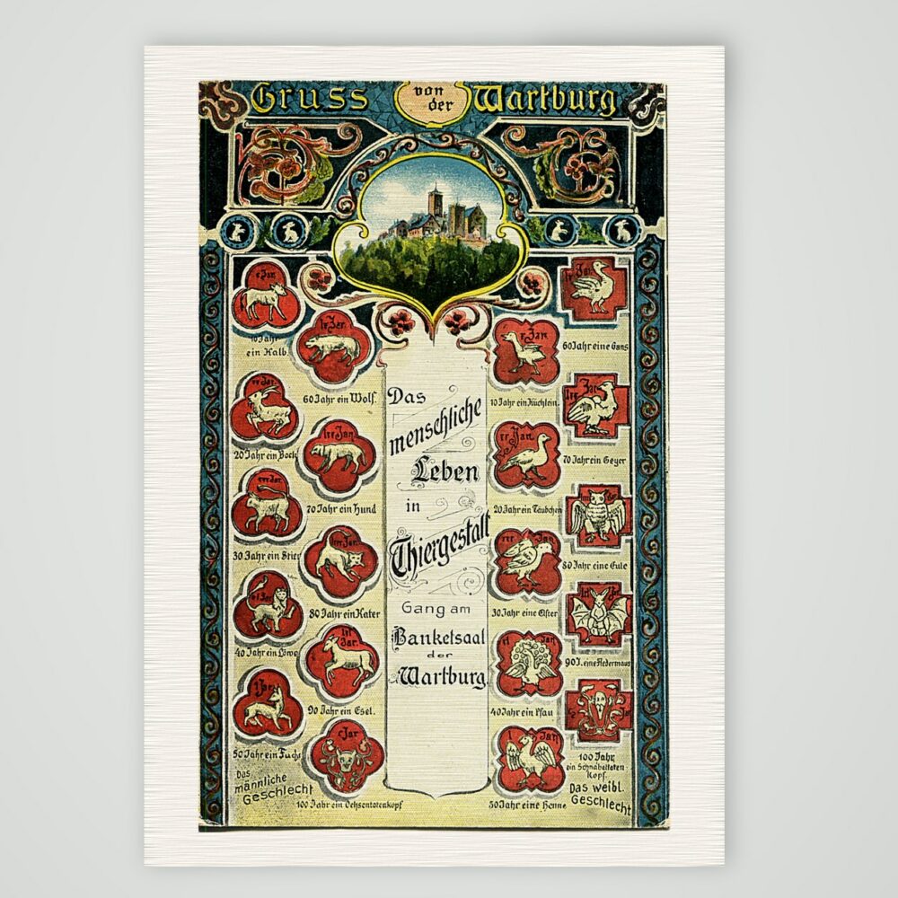 Gruß von der Wartburg – Das menschliche Leben in Tiergestalt – Ansichtskarte, Kunstdruck auf Leinenpapier