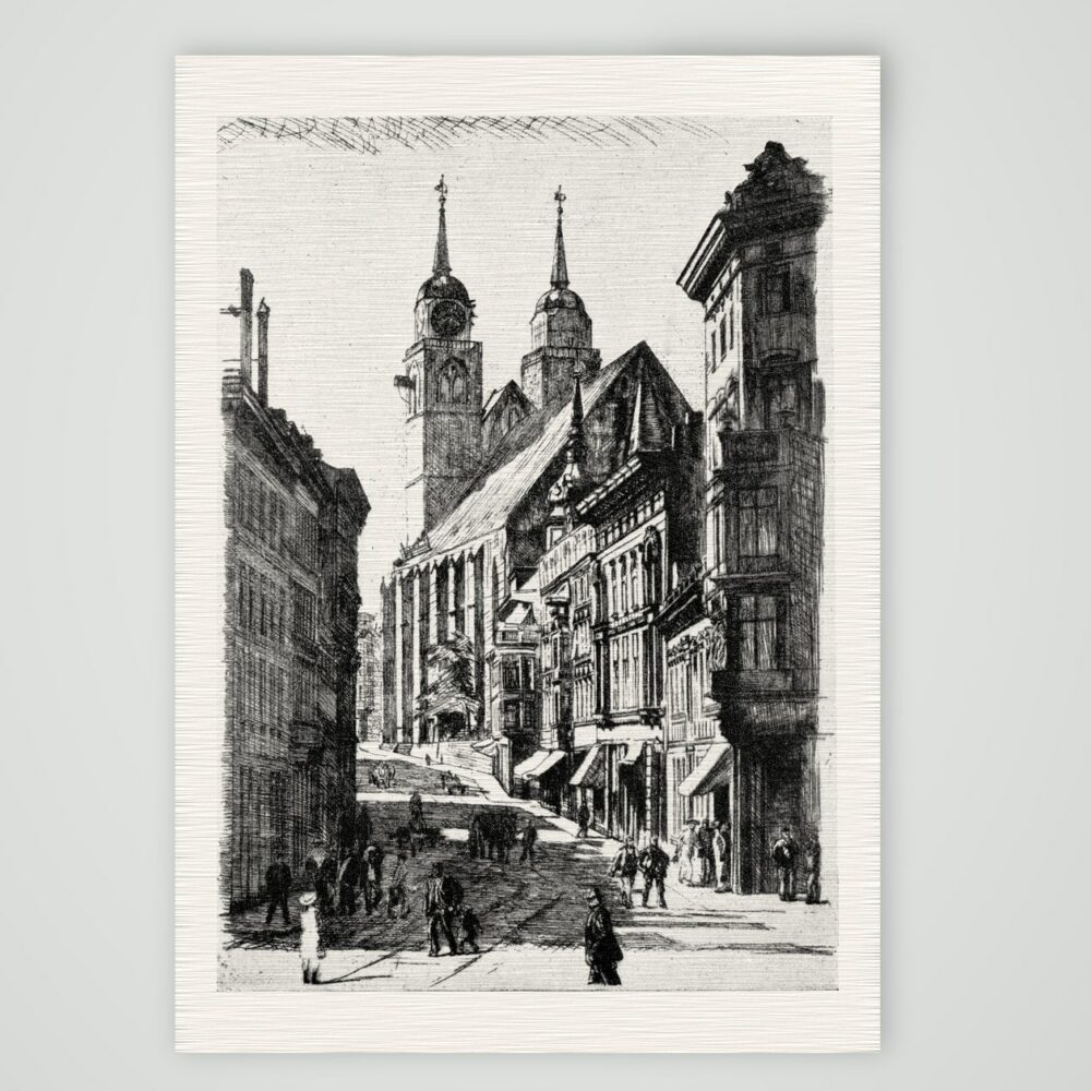 Magdeburg, Johannisbergstraße mit Johanniskirche – Buchreproduktion nach einer Radierung von Wilhelm Giese, Kunstdruck auf Leinenpapier