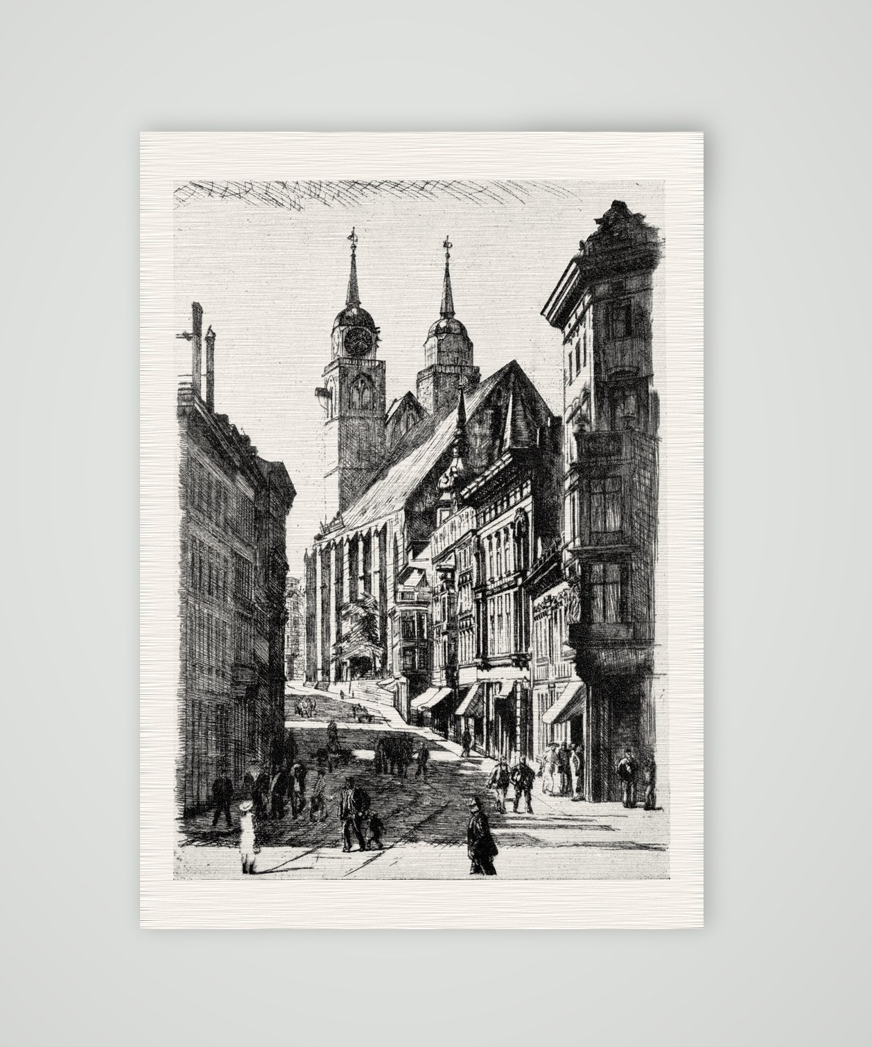 Magdeburg, Johannisbergstraße mit Johanniskirche – Buchreproduktion nach einer Radierung von Wilhelm Giese, Kunstdruck auf Leinenpapier