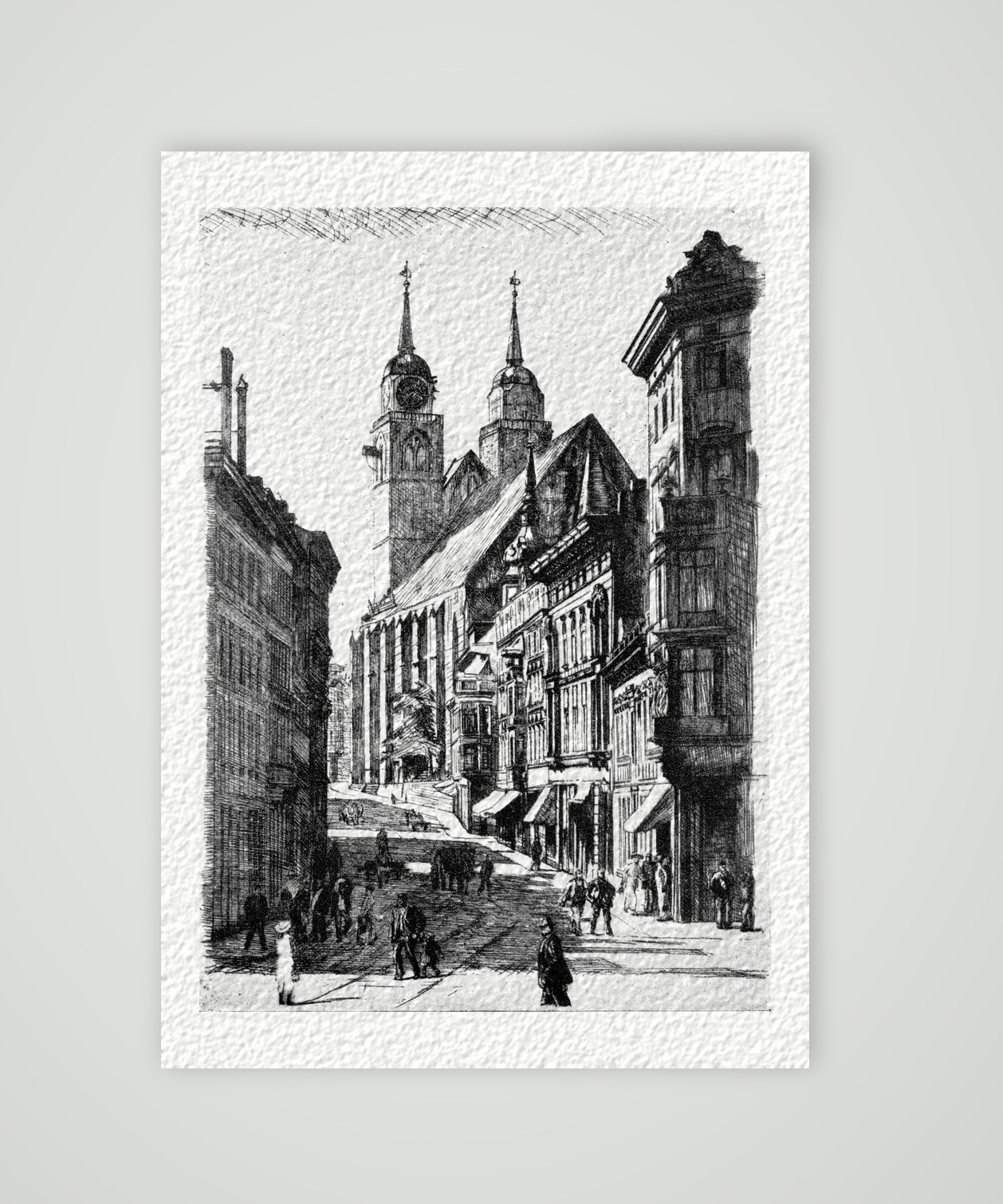 Magdeburg, Johannisbergstraße mit Johanniskirche – Buchreproduktion nach einer Radierung von Wilhelm Giese, Kunstdruck auf Hahnemühle-Büttenpapier