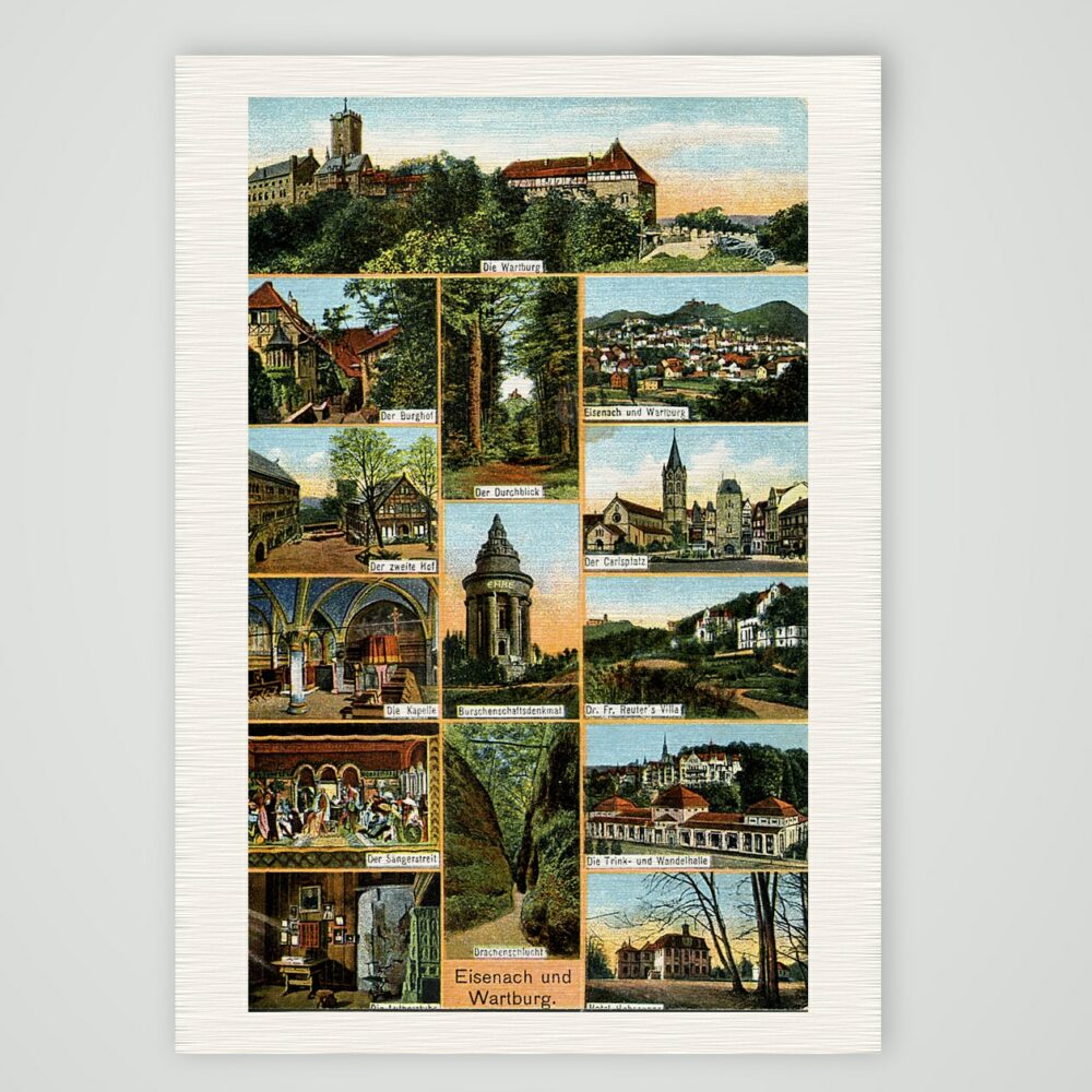 Eisenach und Wartburg – Mehrbild-Ansichtskarte – Ansichtskarte, Kunstdruck auf Leinenpapier
