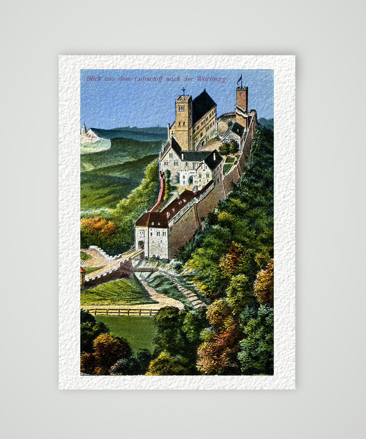 Blick aus dem Luftschiff nach der Wartburg – Ansichtskarte, Kunstdruck auf Hahnemühle-Büttenpapier
