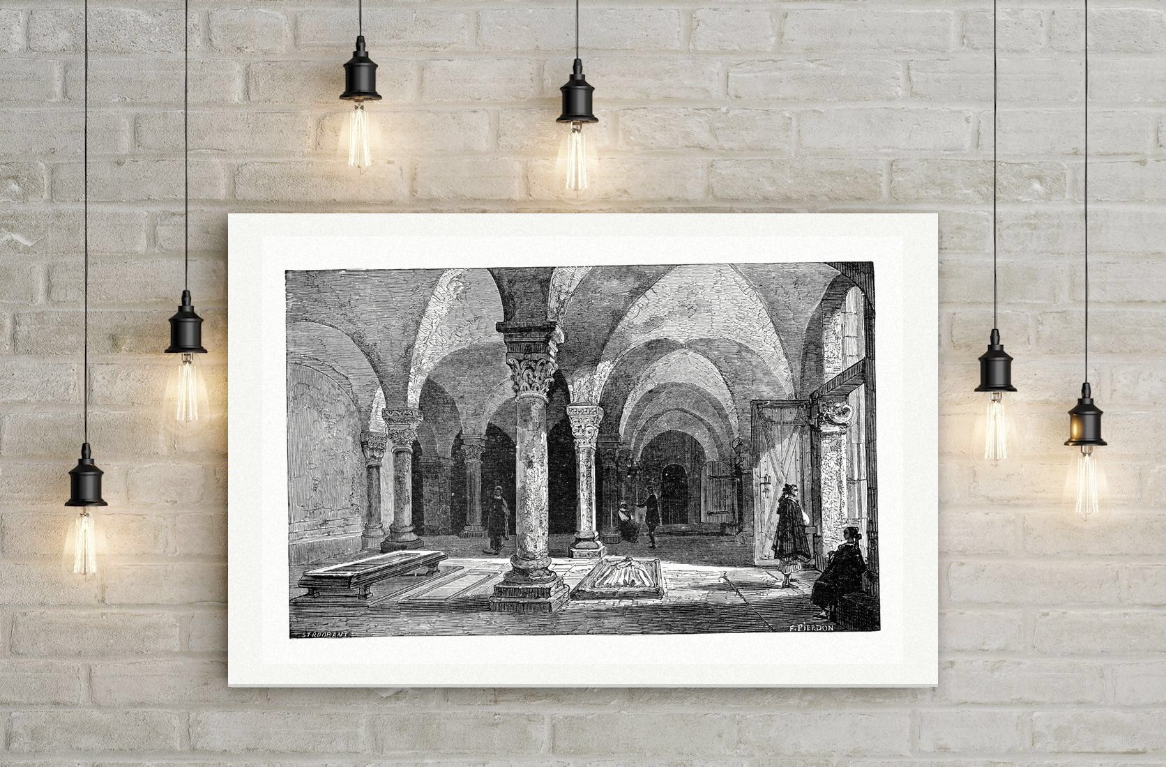 Quedlinburg, die Krypta der Stiftskirche – Holzstich, Leinwanddruck auf Holzkeilrahmen an der Wand
