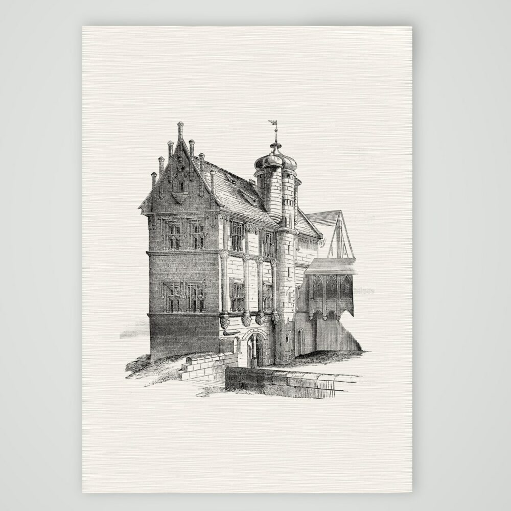 Spätgotisches Bürgerhaus mit Treppenturm – Holzstich, Kunstdruck auf Leinenpapier
