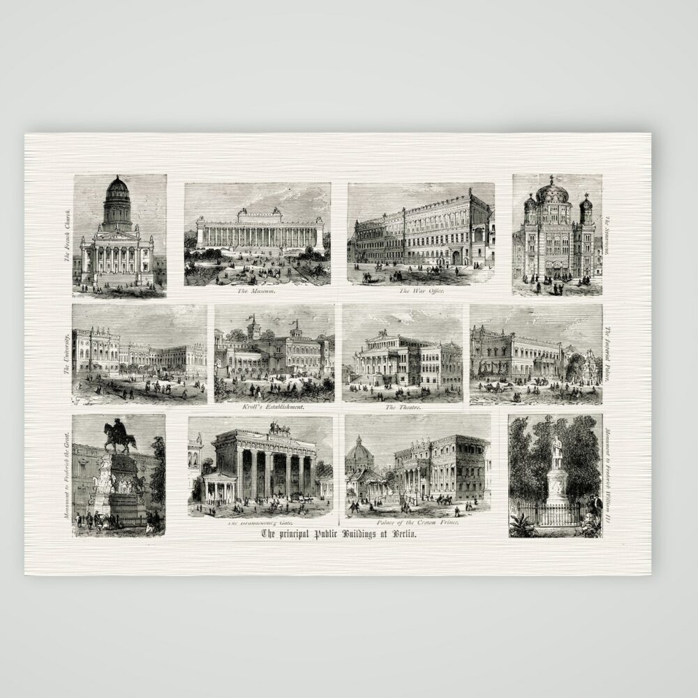 Berlin, Souvenirblatt mit Brandenburger Tor, Museum, Schloss und Denkmälern, Holzstich 19. Jahrhundert, Kunstdruck auf Leinenpapier