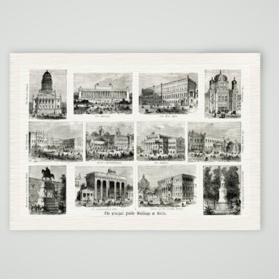 Berlin, Souvenirblatt mit Brandenburger Tor, Museum, Schloss und Denkmälern, Holzstich 19. Jahrhundert, Kunstdruck auf Leinenpapier