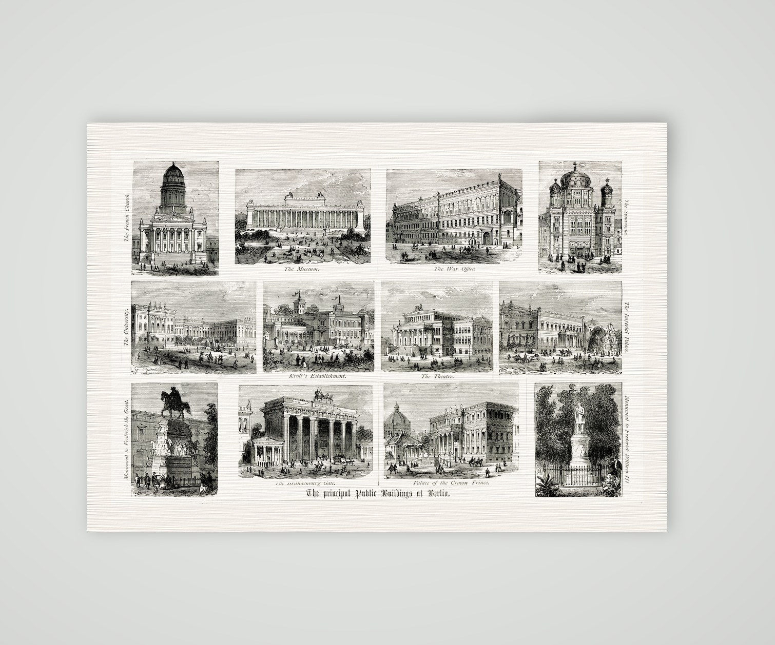 Berlin, Souvenirblatt mit Brandenburger Tor, Museum, Schloss und Denkmälern, Holzstich 19. Jahrhundert, Kunstdruck auf Leinenpapier