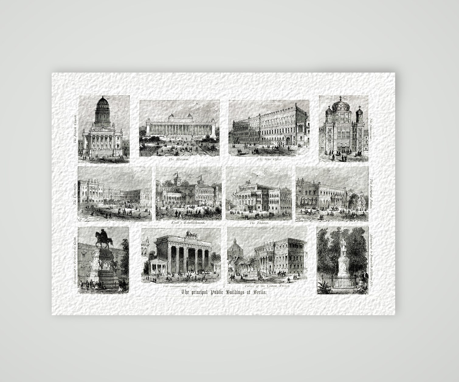 Berlin, Souvenirblatt mit Brandenburger Tor, Museum, Schloss und Denkmälern, Holzstich 19. Jahrhundert, Kunstdruck auf Hahnemühle-Büttenpapier