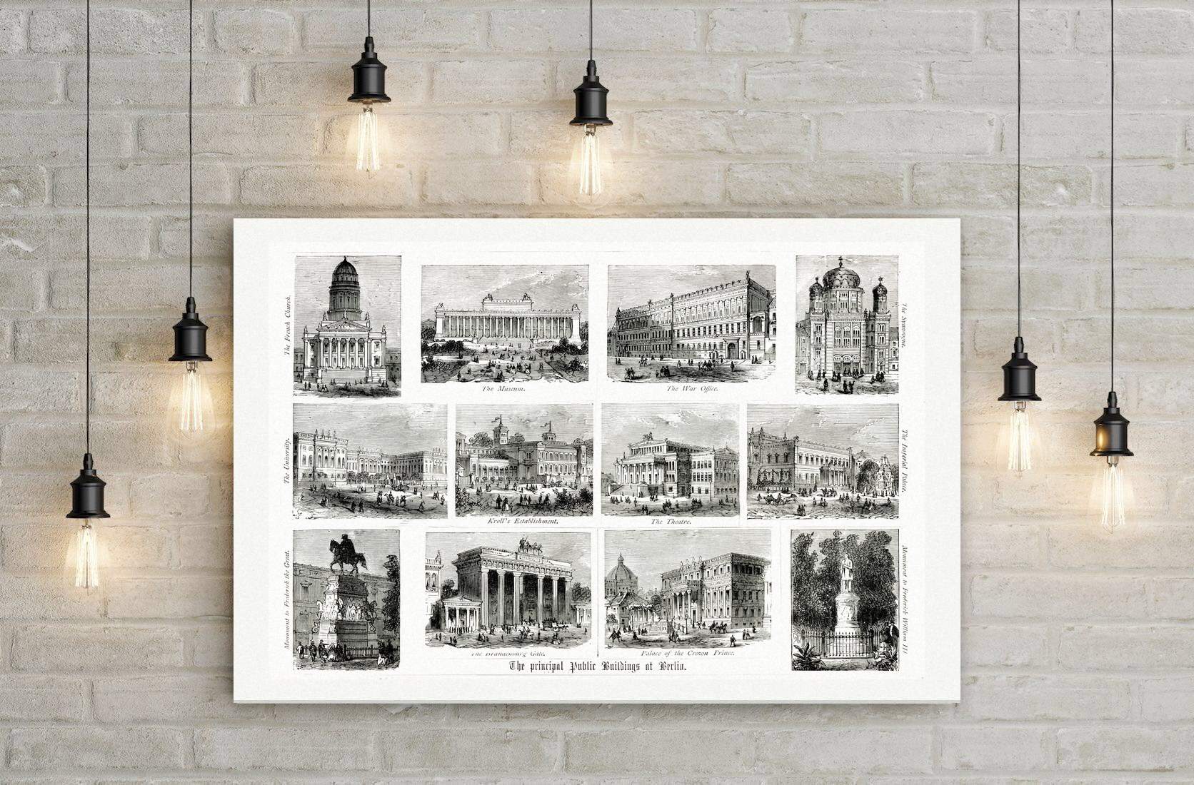 Berlin, Souvenirblatt mit Brandenburger Tor, Museum, Schloss und Denkmälern, Holzstich 19. Jahrhundert, Leinwanddruck auf Holzkeilrahmen an der Wand