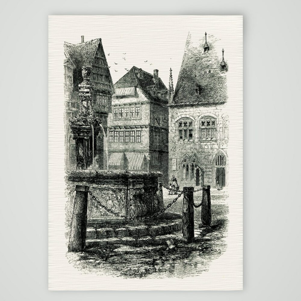 Halberstadt, steinerner Brunnen vor Fachwerkhäusern, Stahlstich nach A. H. Payne, Kunstdruck auf Leinenpapier