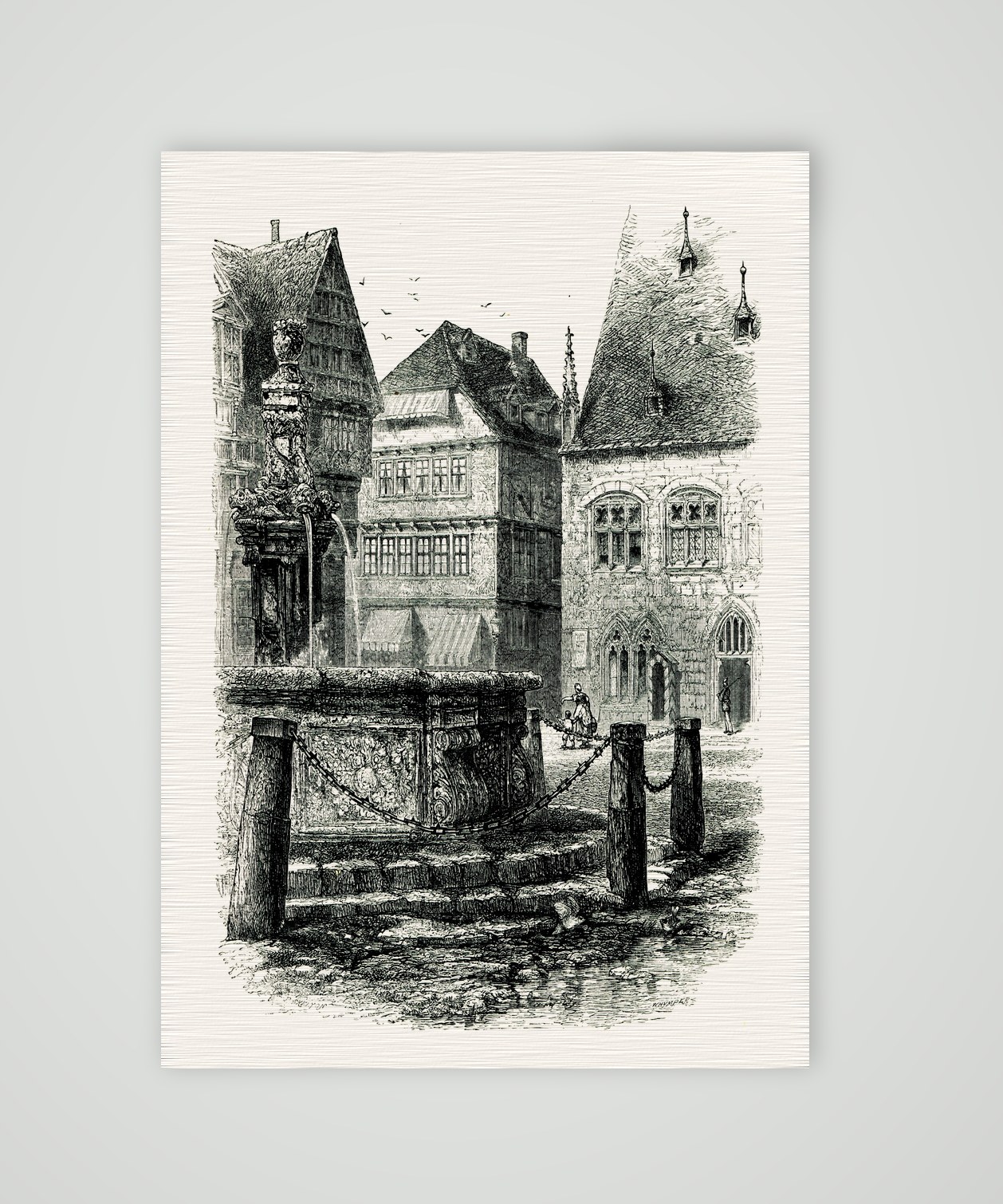 Halberstadt, steinerner Brunnen vor Fachwerkhäusern, Stahlstich nach A. H. Payne, Kunstdruck auf Leinenpapier