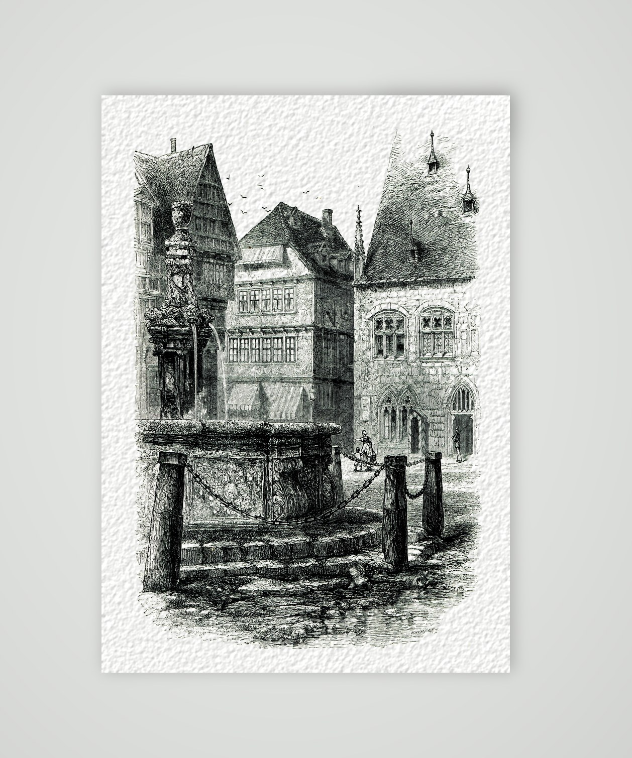 Halberstadt, steinerner Brunnen vor Fachwerkhäusern, Stahlstich nach A. H. Payne, Kunstdruck auf Hahnemühle-Büttenpapier