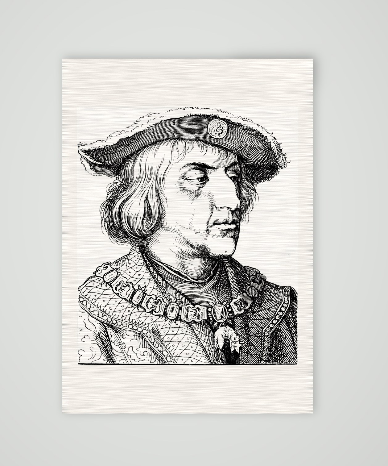 Kaiser Maximilian I. mit Hut und Kette des Goldenen Vlieses, historischer Holzstich, Kunstdruck auf Leinenpapier