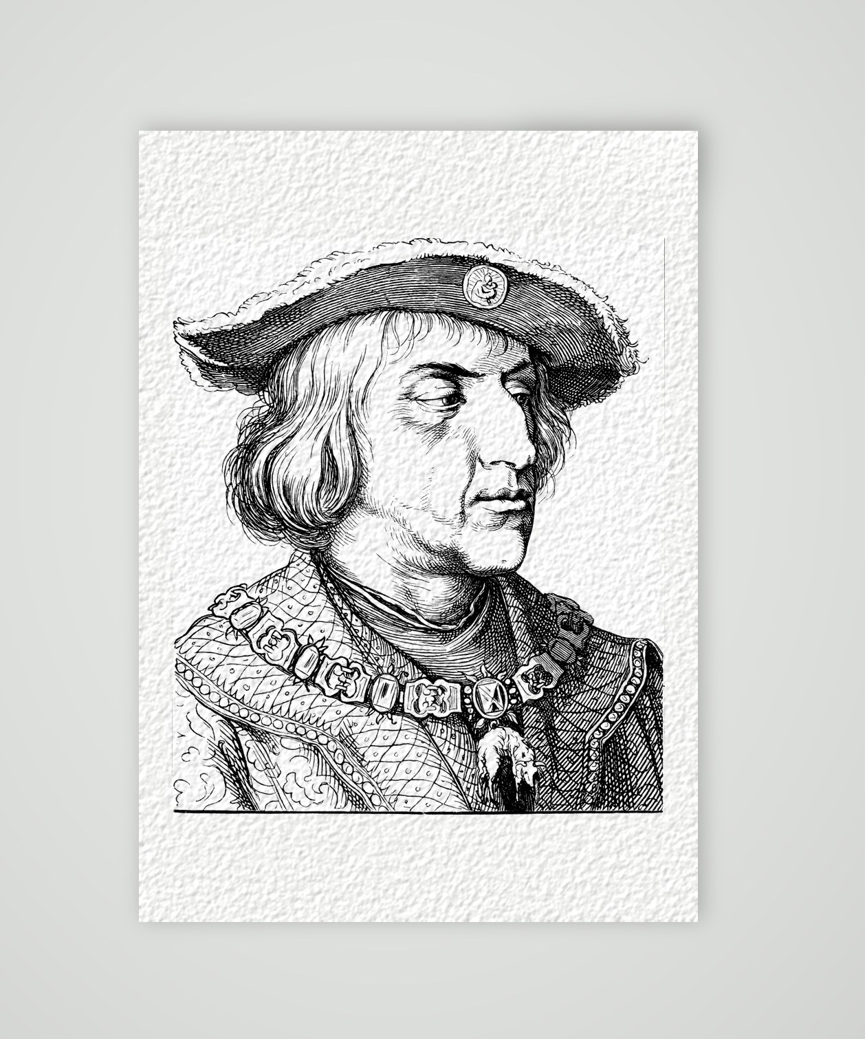 Kaiser Maximilian I. mit Hut und Kette des Goldenen Vlieses, historischer Holzstich, Kunstdruck auf Hahnemühle-Büttenpapier