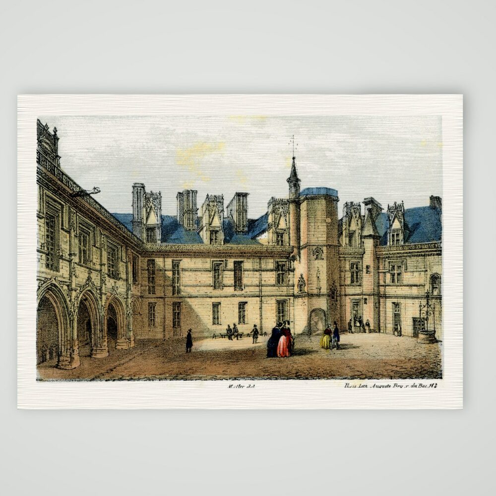 Paris, der Innenhof des Hôtel de Cluny – Lithografie, Kunstdruck auf Leinenpapier