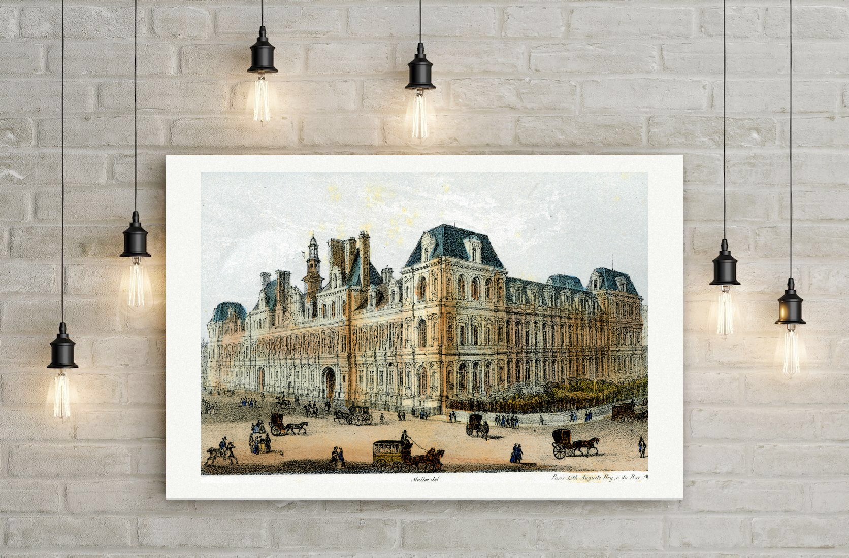 Paris, das Hôtel de Ville – Lithografie, Leinwanddruck auf Holzkeilrahmen an der Wand