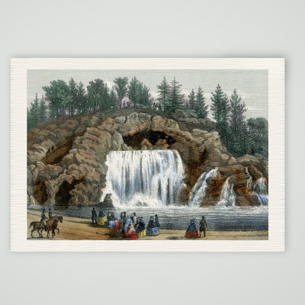 Paris, die Grande Cascade im Bois de Boulogne – Lithografie, Kunstdruck auf Leinenpapier
