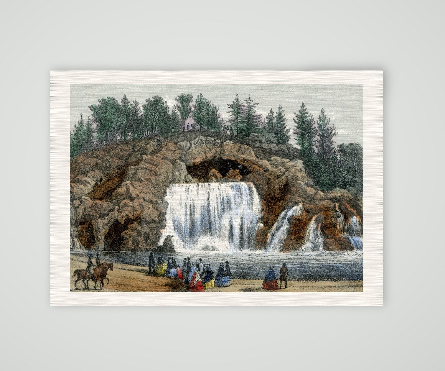 Paris, die Grande Cascade im Bois de Boulogne – Lithografie, Kunstdruck auf Leinenpapier