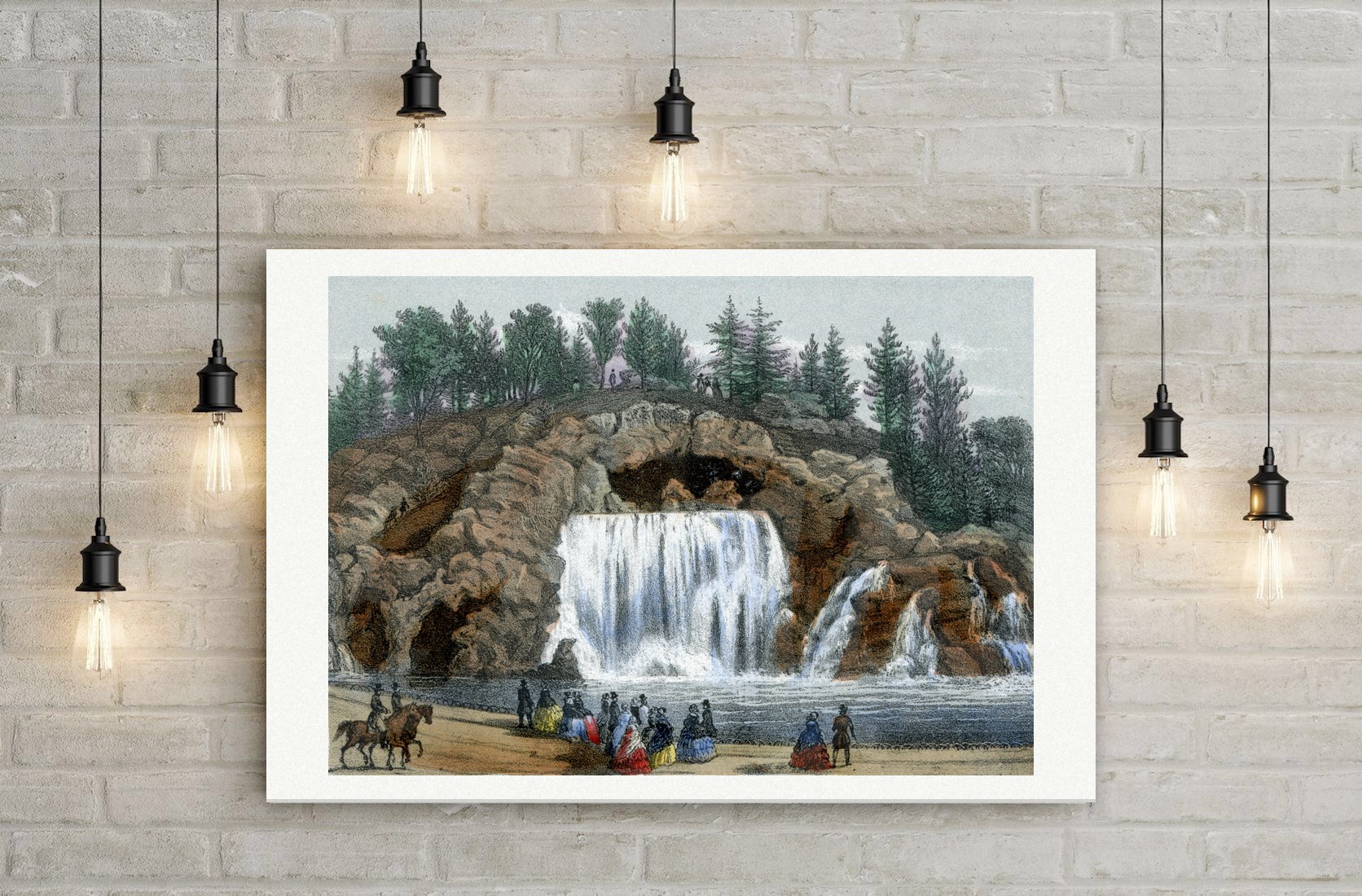 Paris, die Grande Cascade im Bois de Boulogne – Lithografie, Leinwanddruck auf Holzkeilrahmen an der Wand