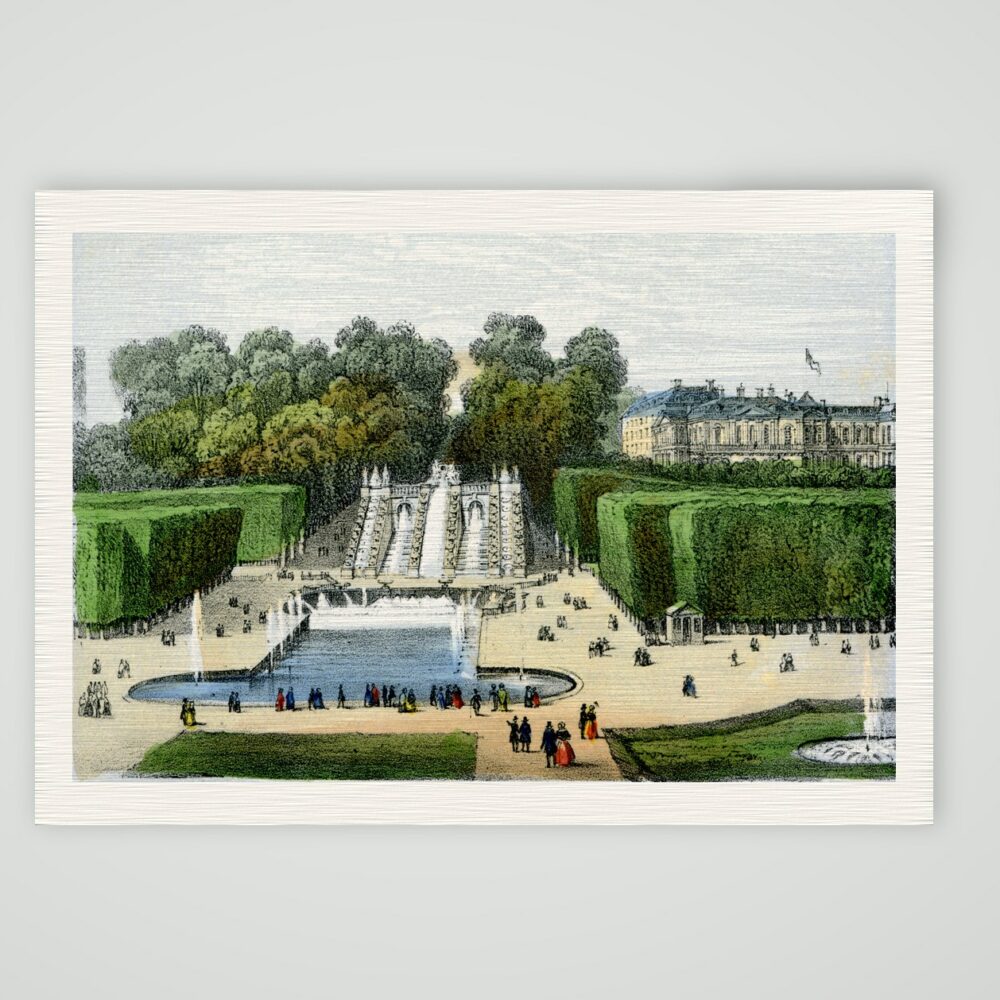 Saint-Cloud, Schloss und Kaskaden – Lithografie, Kunstdruck auf Leinenpapier
