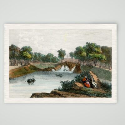 Paris, die Cascade du Lac im Bois de Boulogne – Lithografie, Kunstdruck auf Leinenpapier