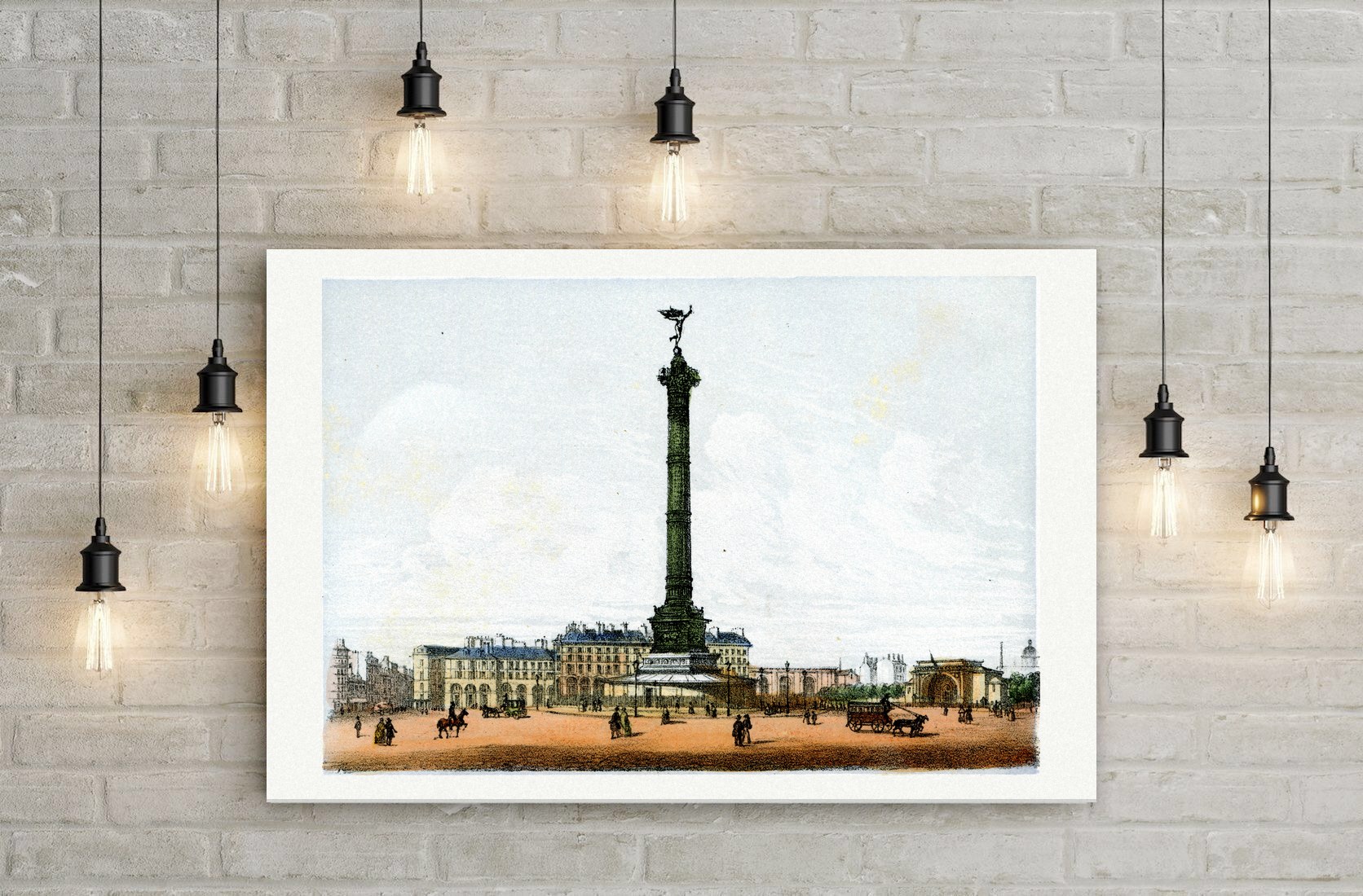 Paris, die Julisäule auf der Place de la Bastille – Lithografie, Leinwanddruck auf Holzkeilrahmen an der Wand
