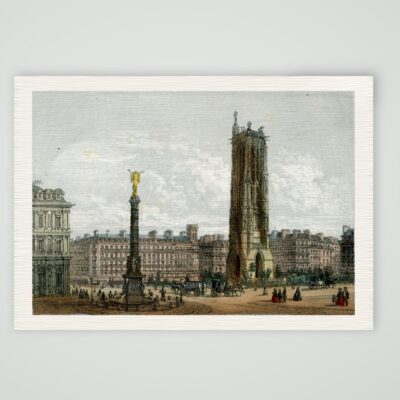 Paris, Tour Saint-Jacques und Fontaine du Châtelet – Lithografie, Kunstdruck auf Leinenpapier