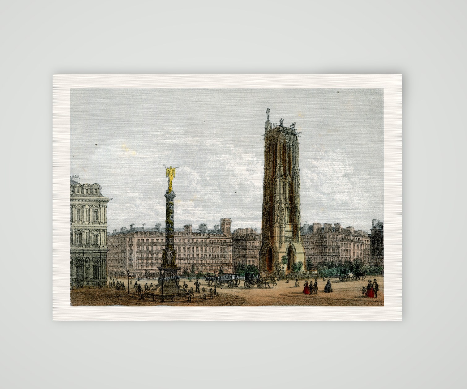 Paris, Tour Saint-Jacques und Fontaine du Châtelet – Lithografie, Kunstdruck auf Leinenpapier