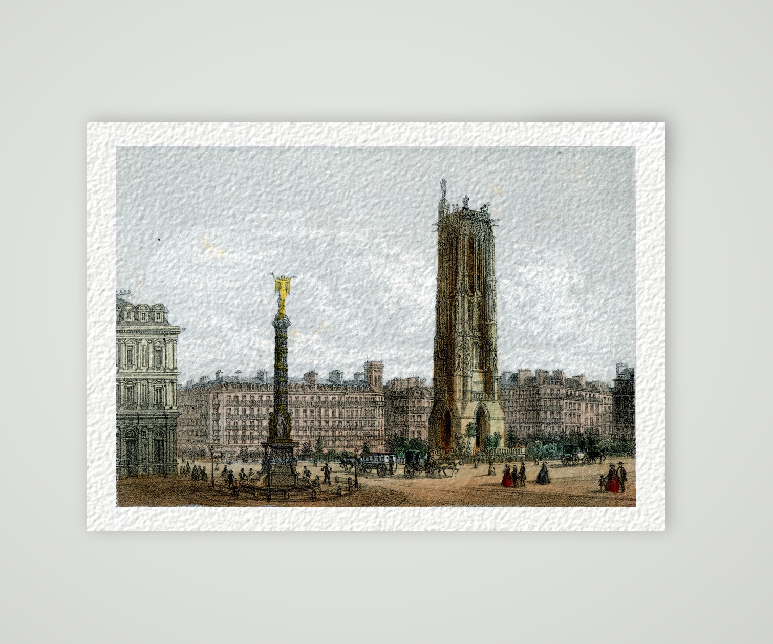 Paris, Tour Saint-Jacques und Fontaine du Châtelet – Lithografie, Kunstdruck auf Hahnemühle-Büttenpapier