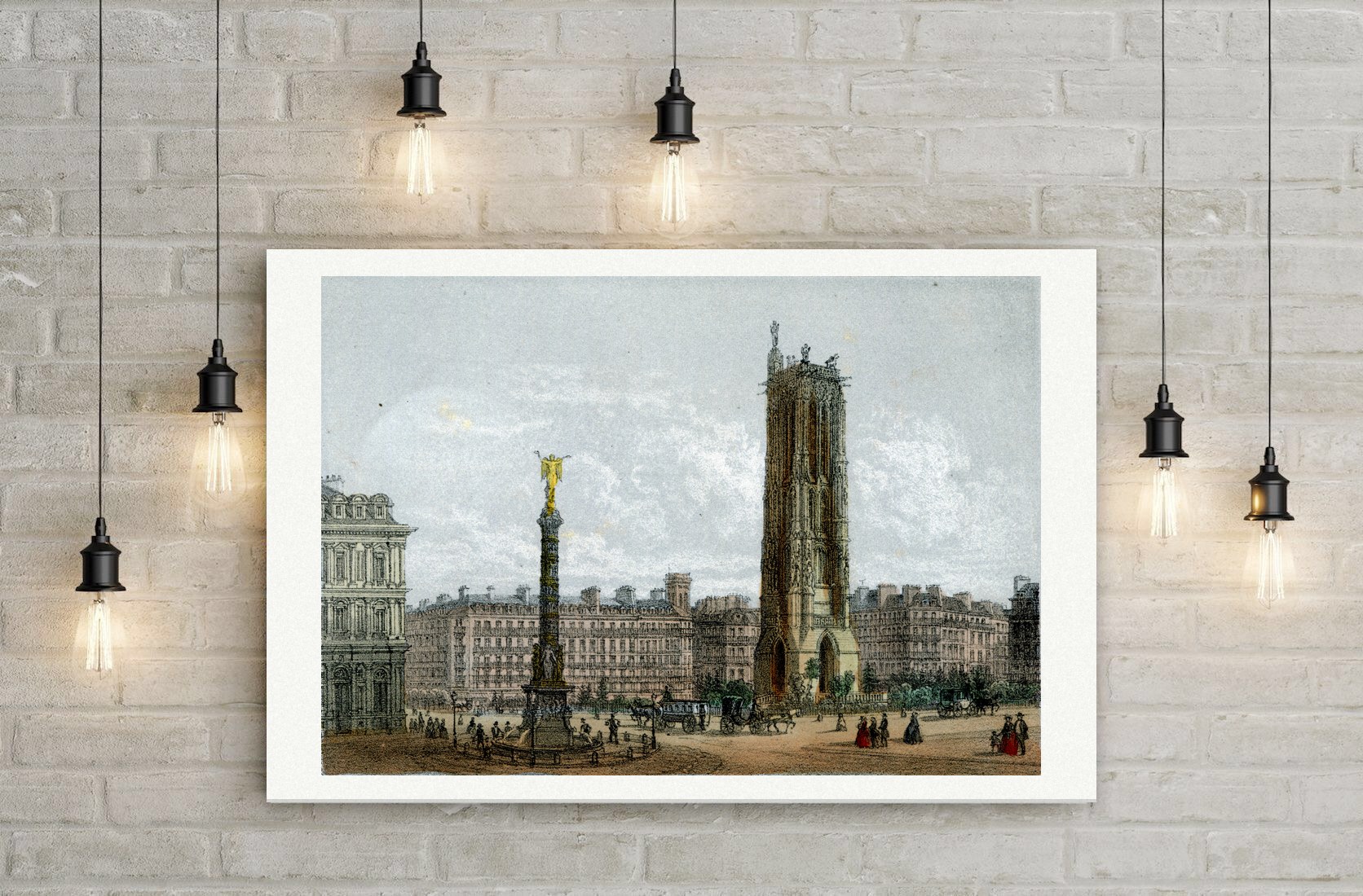 Paris, Tour Saint-Jacques und Fontaine du Châtelet – Lithografie, Leinwanddruck auf Holzkeilrahmen an der Wand