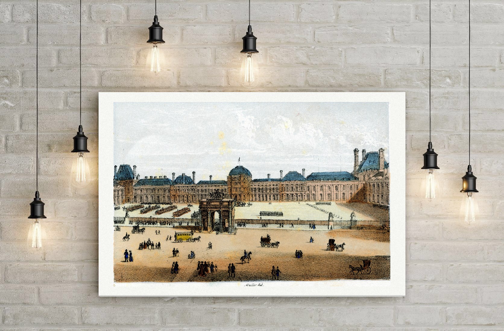 Paris, Place du Carrousel vor dem Tuilerienschloss – Lithografie, Leinwanddruck auf Holzkeilrahmen an der Wand