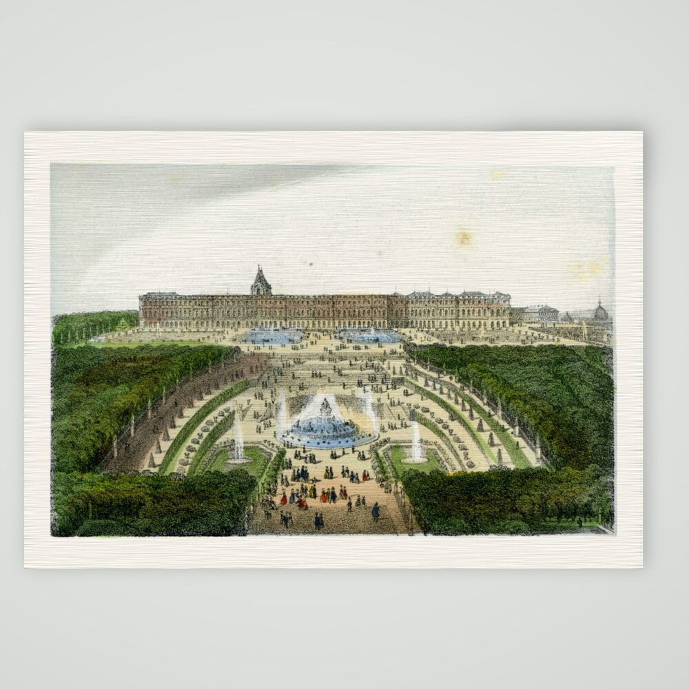 Versailles, Schloss und Park von der Gartenseite – Lithografie, Kunstdruck auf Leinenpapier