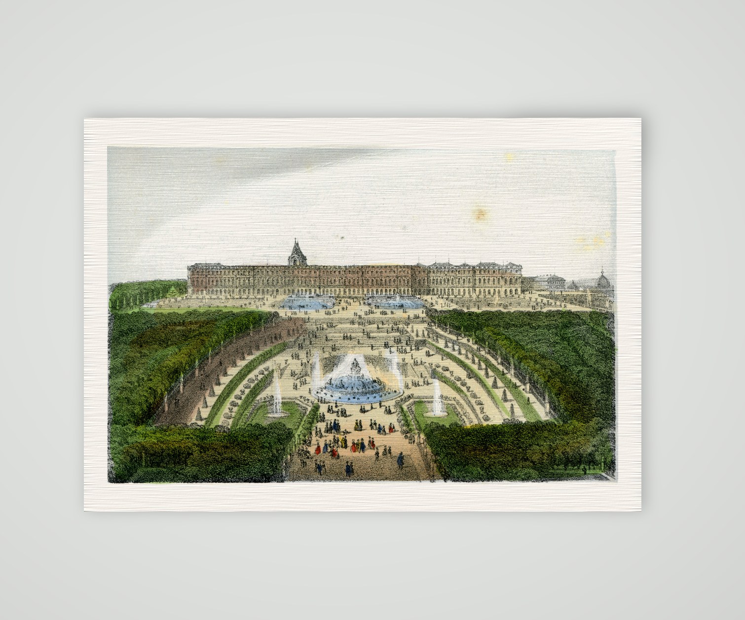 Versailles, Schloss und Park von der Gartenseite – Lithografie, Kunstdruck auf Leinenpapier