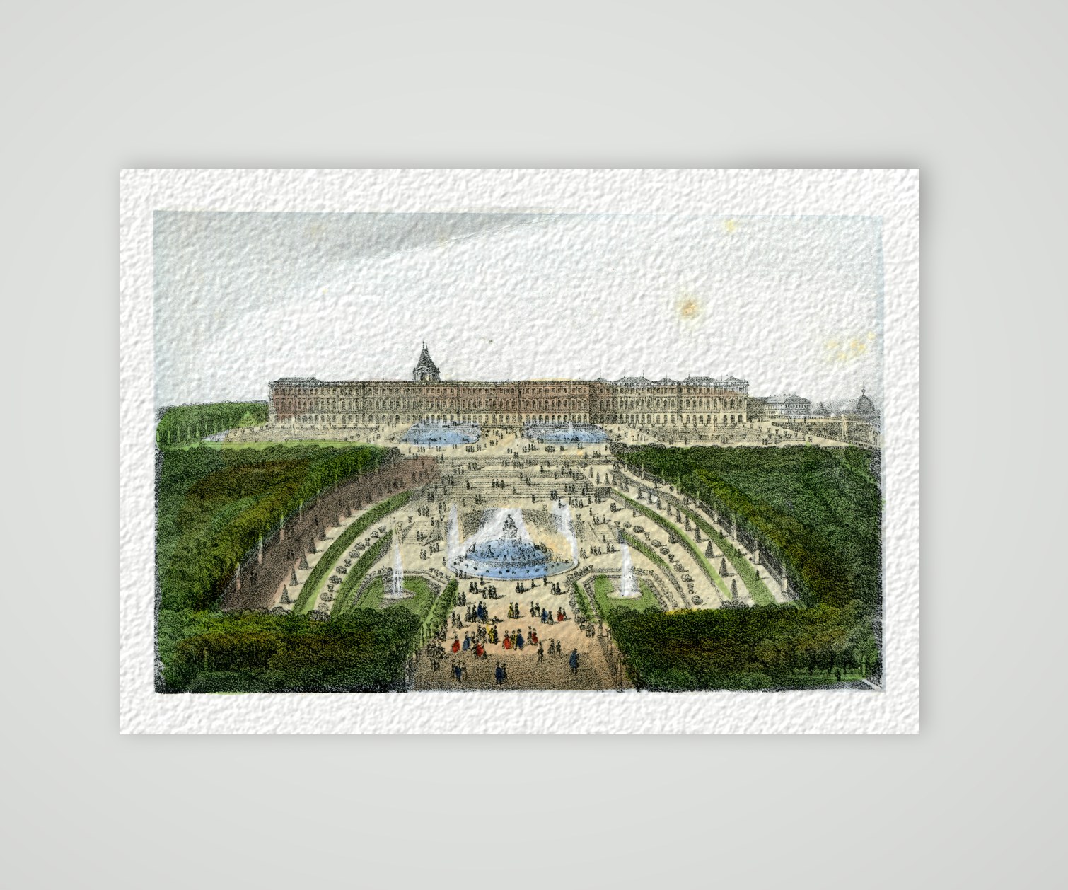 Versailles, Schloss und Park von der Gartenseite – Lithografie, Kunstdruck auf Hahnemühle-Büttenpapier