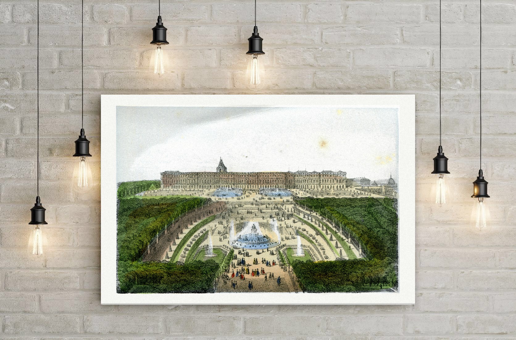 Versailles, Schloss und Park von der Gartenseite – Lithografie, Leinwanddruck auf Holzkeilrahmen an der Wand