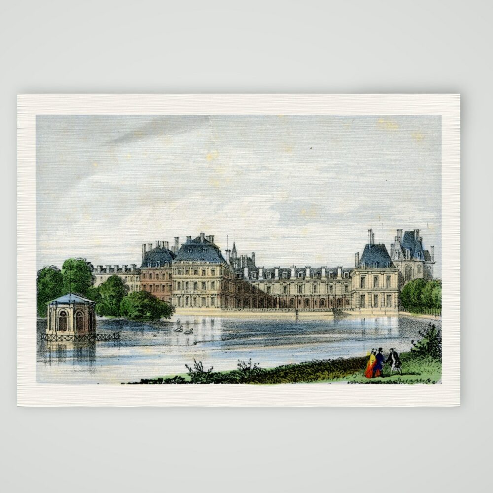 Fontainebleau, das Schloss am Karpfenteich – Lithografie, Kunstdruck auf Leinenpapier