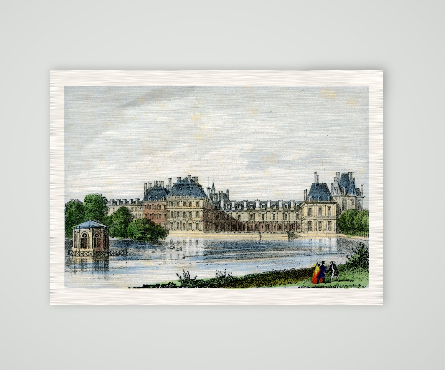 Fontainebleau, das Schloss am Karpfenteich – Lithografie, Kunstdruck auf Leinenpapier