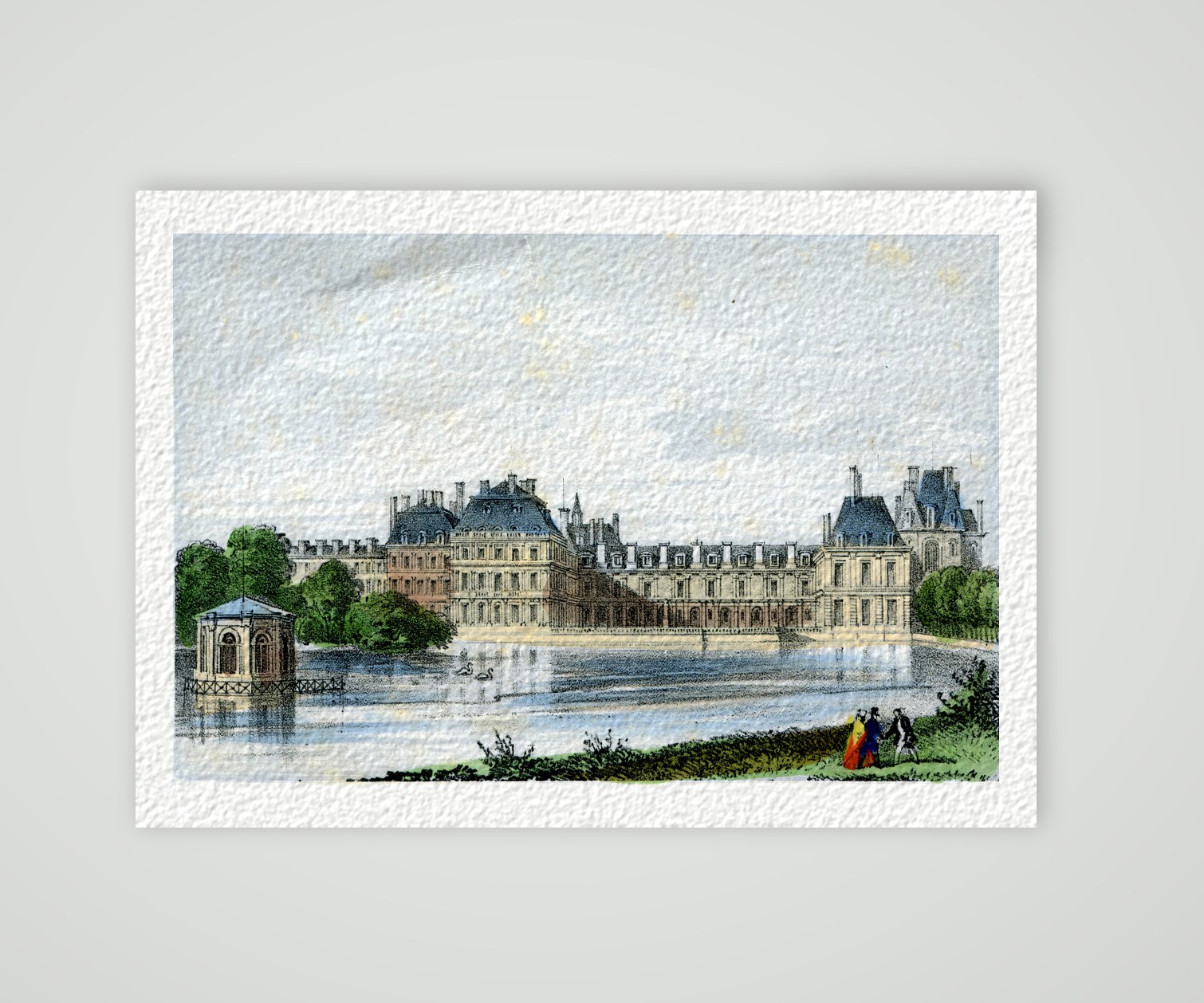 Fontainebleau, das Schloss am Karpfenteich – Lithografie, Kunstdruck auf Hahnemühle-Büttenpapier