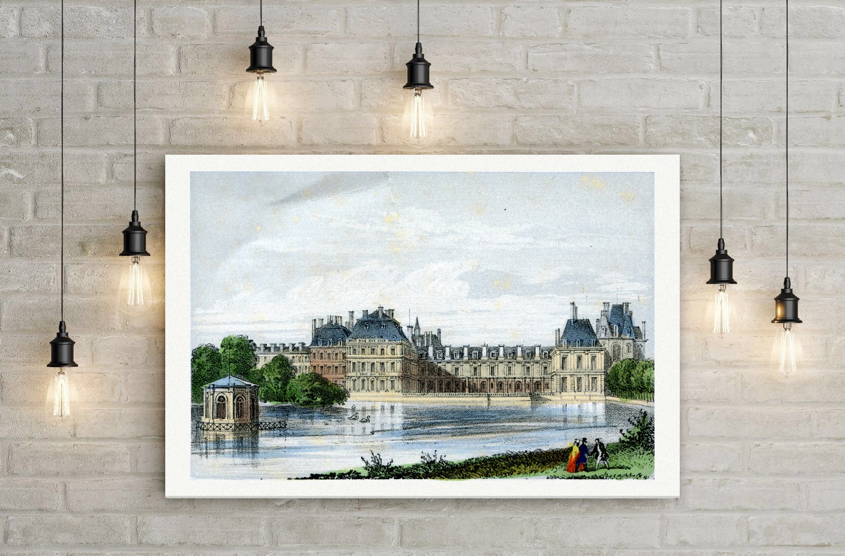 Fontainebleau, das Schloss am Karpfenteich – Lithografie, Leinwanddruck auf Holzkeilrahmen an der Wand