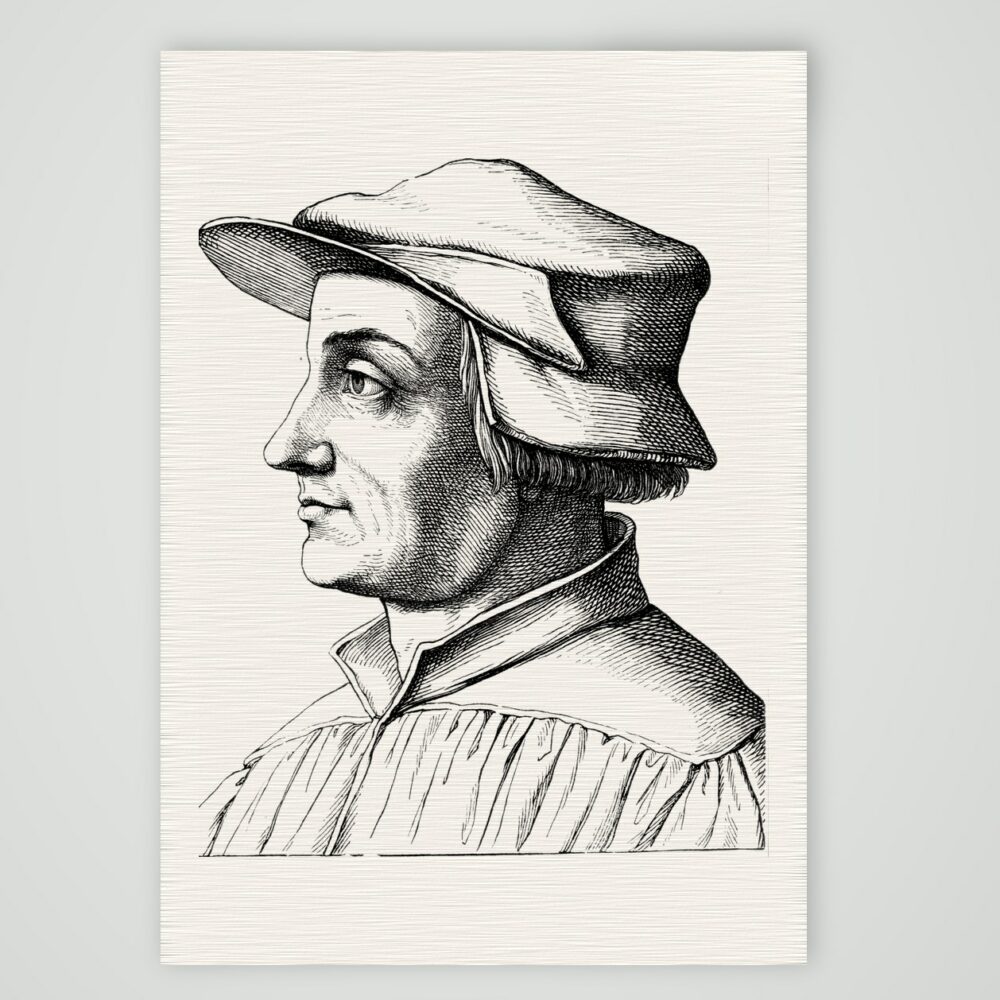 Huldrych Zwingli, Zürcher Reformator – Holzstich, Kunstdruck auf Leinenpapier