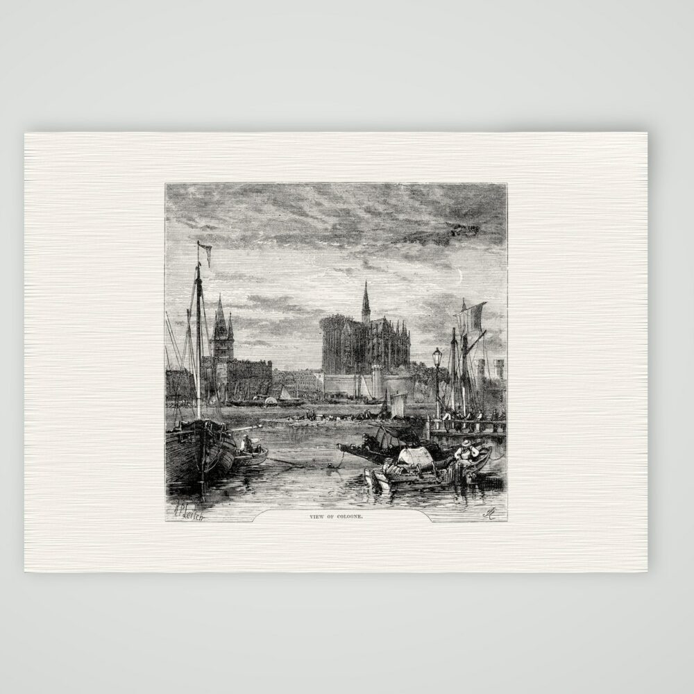 Köln, Ansicht vom Rhein mit dem unvollendeten Dom – Holzstich, Kunstdruck auf Leinenpapier