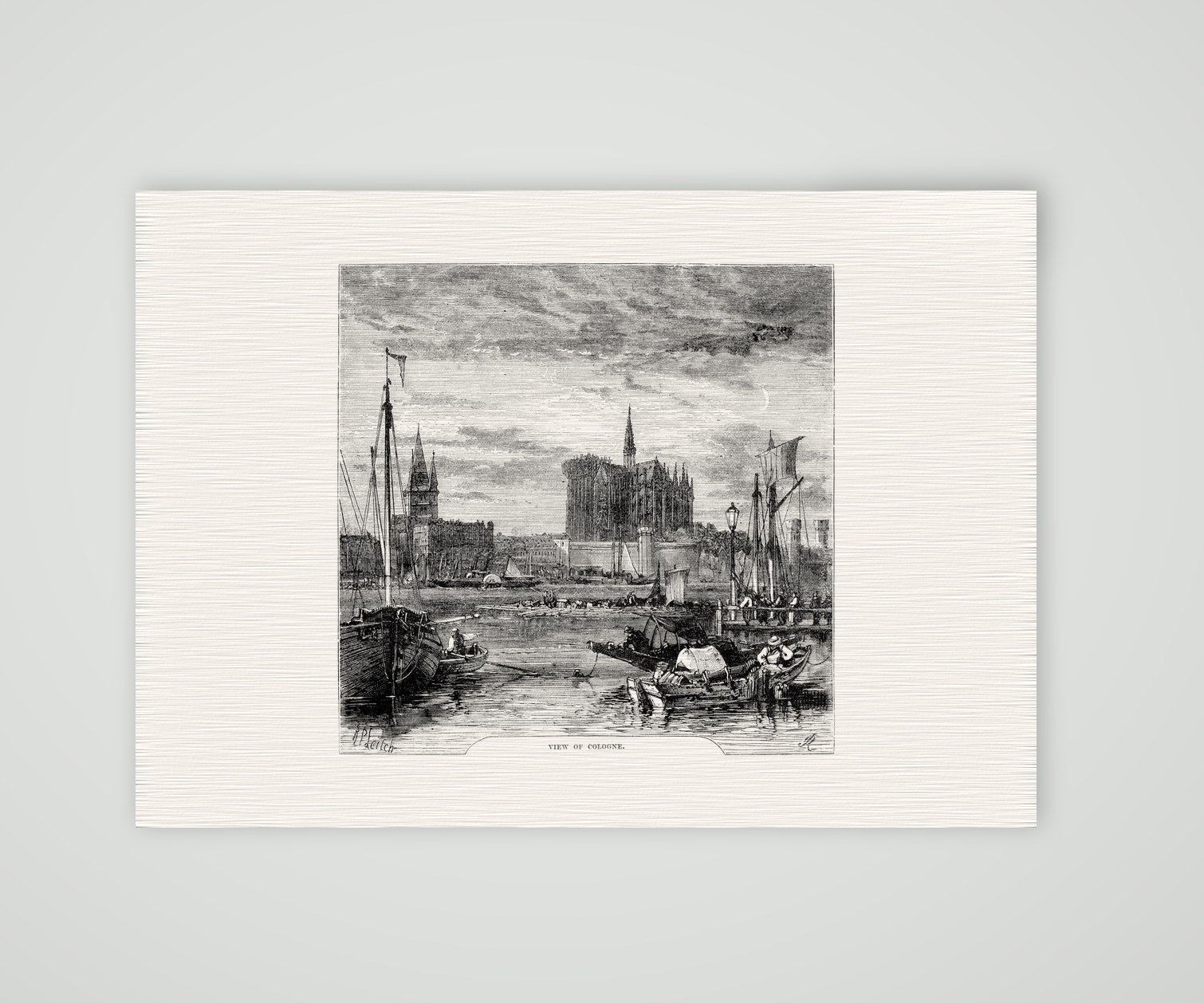 Köln, Ansicht vom Rhein mit dem unvollendeten Dom – Holzstich, Kunstdruck auf Leinenpapier