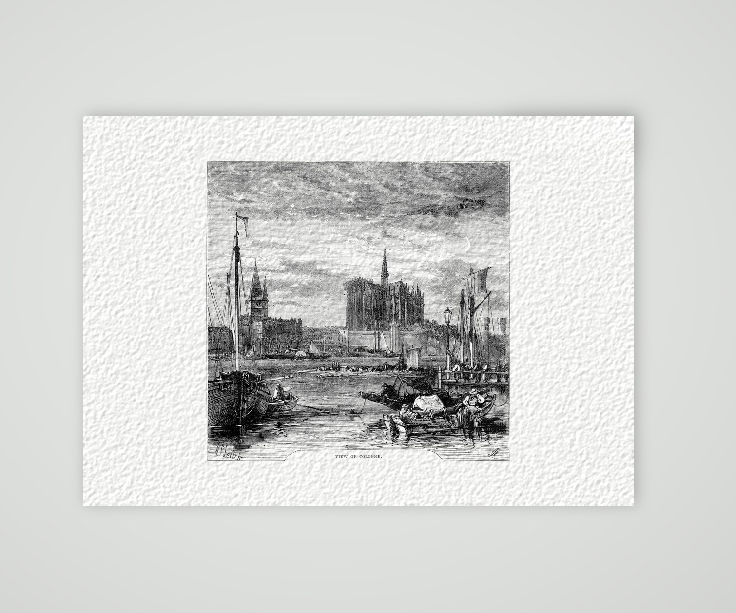 Köln, Ansicht vom Rhein mit dem unvollendeten Dom – Holzstich, Kunstdruck auf Hahnemühle-Büttenpapier