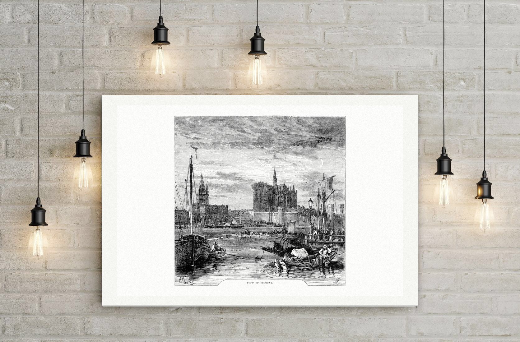 Köln, Ansicht vom Rhein mit dem unvollendeten Dom – Holzstich, Leinwanddruck auf Holzkeilrahmen an der Wand