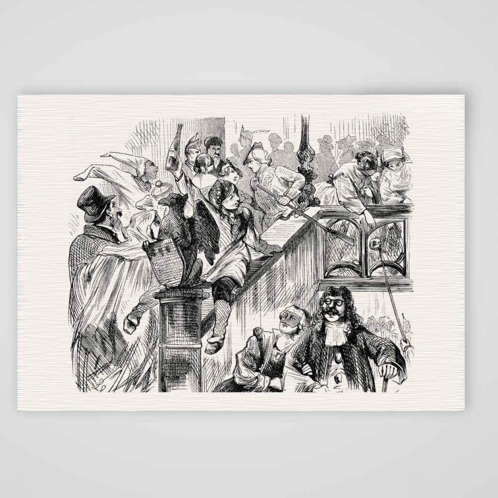 Vom Ball im Gürzenich – Karnevalskarikatur – Holzstich, Kunstdruck auf Leinenpapier