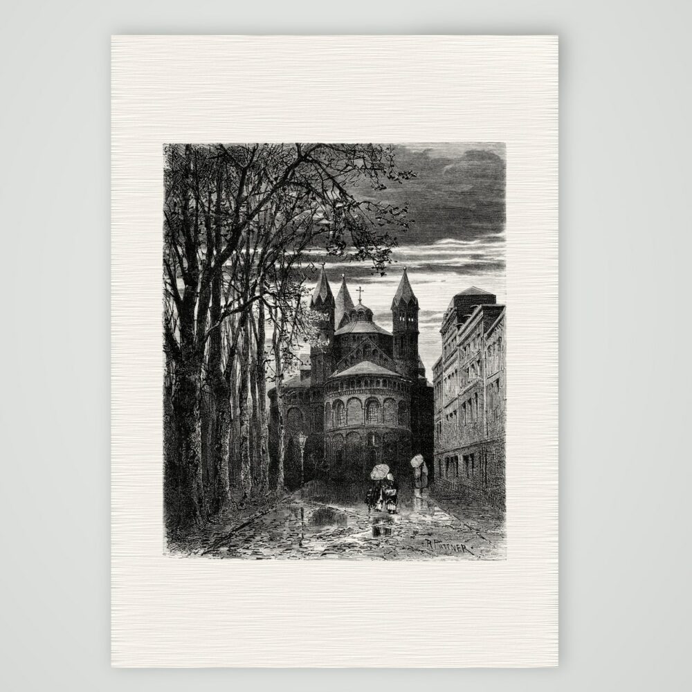 Köln, St. Aposteln am Abend – Holzstich, Kunstdruck auf Leinenpapier