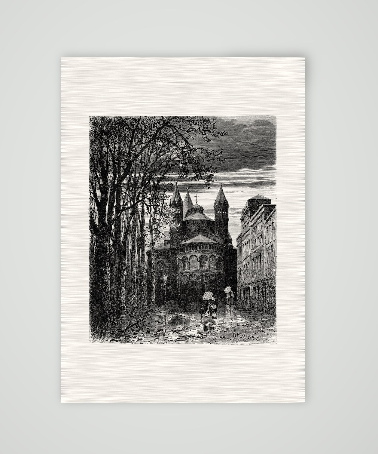 Köln, St. Aposteln am Abend – Holzstich, Kunstdruck auf Leinenpapier